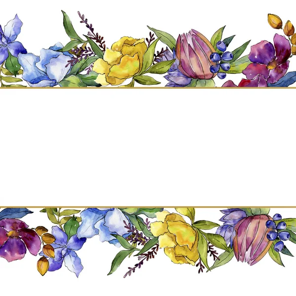 熱帯花のカラフルな花束 花植物の花 フレーム枠飾りスクエア テクスチャ ラッパー パターン フレームや境界線の Aquarelle ワイルドフラワー — ストック写真