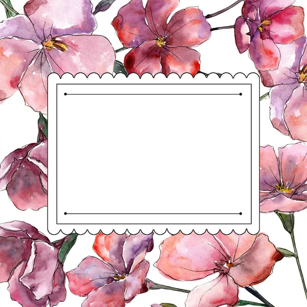 Wildflower pink flaxes. Floral botanical flower.Frame border ornament square. Aquarelle wildflower for background, texture, wrapper pattern, frame or border.