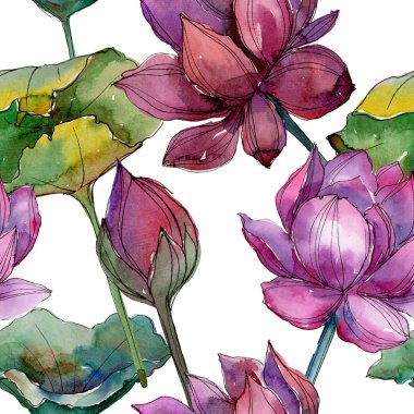 Pembe lotus çiçeği. Botanik çiçek. Sorunsuz arka plan deseni. Kumaş duvar kağıdı yazdırma doku. Arka plan, doku, sarıcı desen, çerçeve veya kenarlık için Aquarelle kır çiçeği.