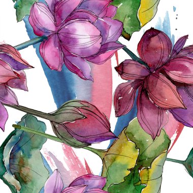 Pembe lotus çiçeği. Botanik çiçek. Sorunsuz arka plan deseni. Kumaş duvar kağıdı yazdırma doku. Arka plan, doku, sarıcı desen, çerçeve veya kenarlık için Aquarelle kır çiçeği.