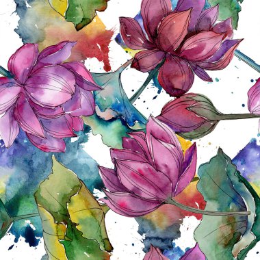 Pembe lotus çiçeği. Botanik çiçek. Sorunsuz arka plan deseni. Kumaş duvar kağıdı yazdırma doku. Arka plan, doku, sarıcı desen, çerçeve veya kenarlık için Aquarelle kır çiçeği.