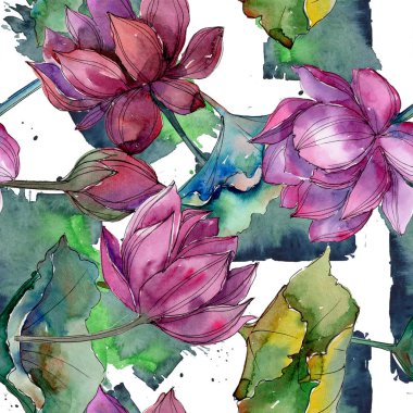 Pembe lotus çiçeği. Botanik çiçek. Sorunsuz arka plan deseni. Kumaş duvar kağıdı yazdırma doku. Arka plan, doku, sarıcı desen, çerçeve veya kenarlık için Aquarelle kır çiçeği.