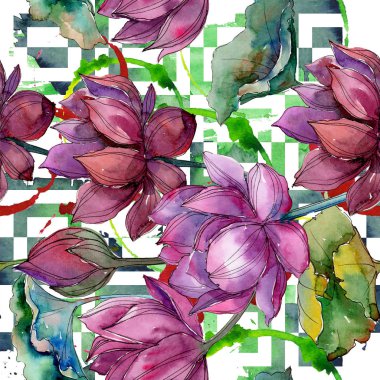 Pembe lotus çiçeği. Botanik çiçek. Sorunsuz arka plan deseni. Kumaş duvar kağıdı yazdırma doku. Arka plan, doku, sarıcı desen, çerçeve veya kenarlık için Aquarelle kır çiçeği.