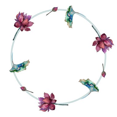 Pembe lotus çiçeği. Botanik çiçek. Çerçeve kenarlığı süsleme Meydanı. Arka plan, doku, sarıcı desen, çerçeve veya kenarlık için Aquarelle kır çiçeği.