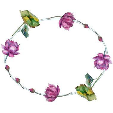 Pembe lotus çiçeği. Botanik çiçek. Çerçeve kenarlığı süsleme Meydanı. Arka plan, doku, sarıcı desen, çerçeve veya kenarlık için Aquarelle kır çiçeği.