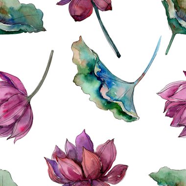 Pembe lotus çiçeği. Botanik çiçek. Sorunsuz arka plan deseni. Kumaş duvar kağıdı yazdırma doku. Arka plan, doku, sarıcı desen, çerçeve veya kenarlık için Aquarelle kır çiçeği.