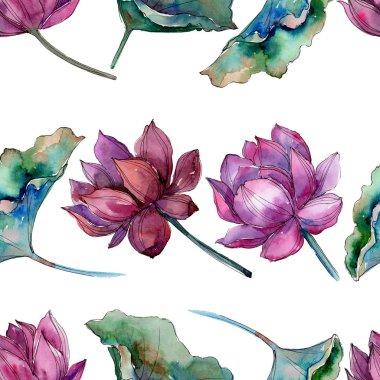 Pembe lotus çiçeği. Botanik çiçek. Sorunsuz arka plan deseni. Kumaş duvar kağıdı yazdırma doku. Arka plan, doku, sarıcı desen, çerçeve veya kenarlık için Aquarelle kır çiçeği.