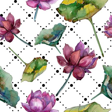 Pembe lotus çiçeği. Botanik çiçek. Sorunsuz arka plan deseni. Kumaş duvar kağıdı yazdırma doku. Arka plan, doku, sarıcı desen, çerçeve veya kenarlık için Aquarelle kır çiçeği.