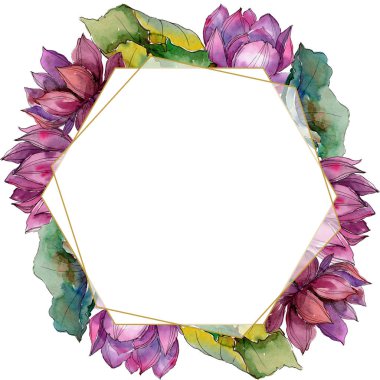 Pembe lotus çiçeği. Botanik çiçek. Çerçeve kenarlığı süsleme Meydanı. Arka plan, doku, sarıcı desen, çerçeve veya kenarlık için Aquarelle kır çiçeği.