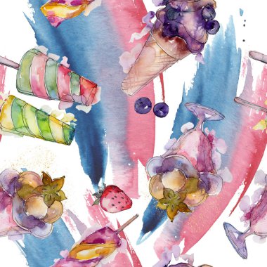 Dondurma tatlı yaz yiyecek. Sorunsuz arka plan deseni. Kumaş duvar kağıdı yazdırma doku. Lezzet şeker toplama: çikolata, çilek, krem, koni, soğuk süt snack. 