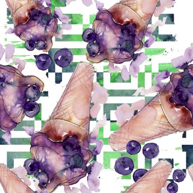 Dondurma tatlı yaz yiyecek. Sorunsuz arka plan deseni. Kumaş duvar kağıdı yazdırma doku. Lezzet şeker toplama: çikolata, çilek, krem, koni, soğuk süt snack. 