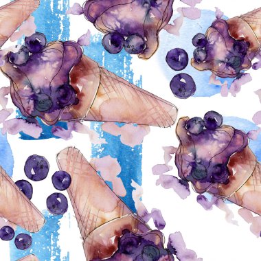 Dondurma tatlı yaz yiyecek. Sorunsuz arka plan deseni. Kumaş duvar kağıdı yazdırma doku. Lezzet şeker toplama: çikolata, çilek, krem, koni, soğuk süt snack. 