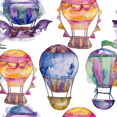 Sıcak hava balonları arka plan fly hava taşıma illüstrasyon. Sorunsuz arka plan deseni. Kumaş duvar kağıdı yazdırma doku.