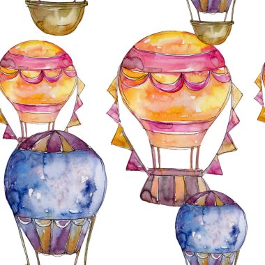 Sıcak hava balonları arka plan fly hava taşıma illüstrasyon. Sorunsuz arka plan deseni. Kumaş duvar kağıdı yazdırma doku.