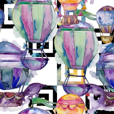 Sıcak hava balonları arka plan fly hava taşıma illüstrasyon. Sorunsuz arka plan deseni. Kumaş duvar kağıdı yazdırma doku.