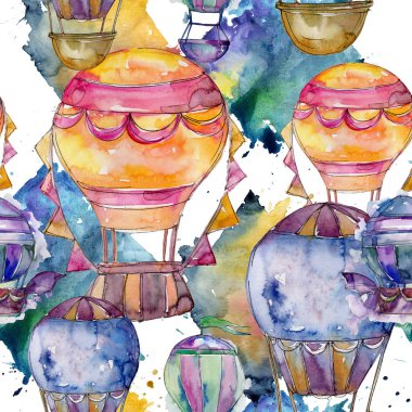 Sıcak hava balonları arka plan fly hava taşıma illüstrasyon. Sorunsuz arka plan deseni. Kumaş duvar kağıdı yazdırma doku.