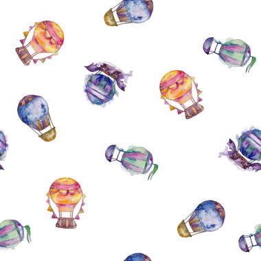 Sıcak hava balonları arka plan fly hava taşıma illüstrasyon. Sorunsuz arka plan deseni. Kumaş duvar kağıdı yazdırma doku.