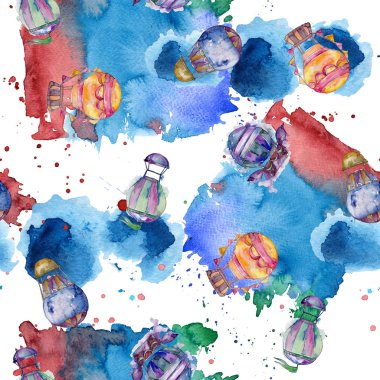 Sıcak hava balonları arka plan fly hava taşıma illüstrasyon. Sorunsuz arka plan deseni. Kumaş duvar kağıdı yazdırma doku.