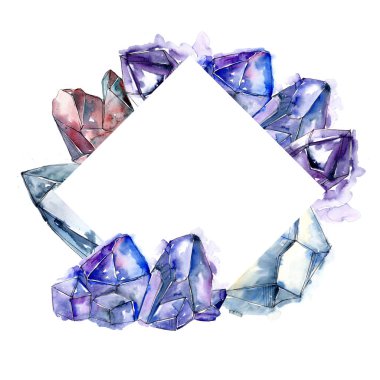 Mavi elmas taş takı mineral. Çerçeve kenarlığı süsleme Meydanı. Geometrik kuvars çokgen kristal taş mozaik şekil Ametist mücevher.