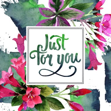 Sulu boya pembe weigela florida çiçekler. Botanik çiçek. Çerçeve kenarlığı süsleme Meydanı. Arka plan, doku, sarıcı desen, çerçeve veya kenarlık için Aquarelle kır çiçeği.