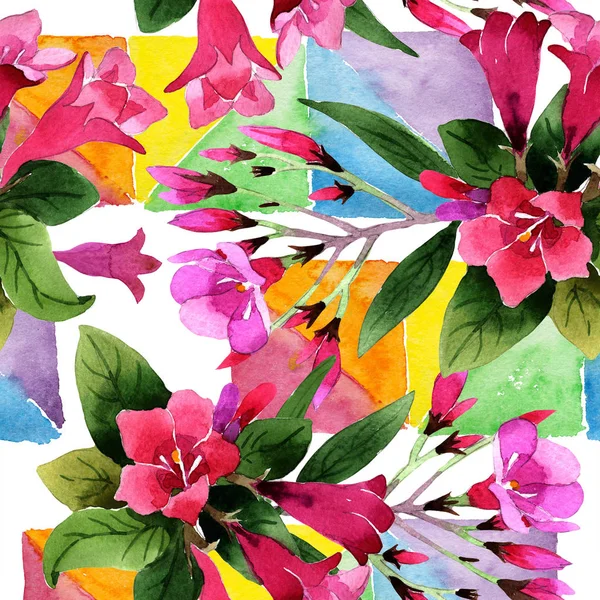 Sulu boya pembe weigela florida çiçekler. Sorunsuz arka plan deseni. Kumaş duvar kağıdı yazdırma doku. Arka plan, doku, sarıcı desen, çerçeve veya kenarlık için Aquarelle kır çiçeği.