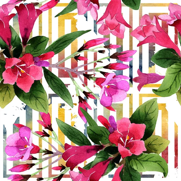 Sulu boya pembe weigela florida çiçekler. Sorunsuz arka plan deseni. Kumaş duvar kağıdı yazdırma doku. Arka plan, doku, sarıcı desen, çerçeve veya kenarlık için Aquarelle kır çiçeği.