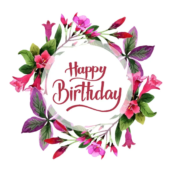 Sulu boya pembe weigela florida çiçekler. Botanik çiçek. Çerçeve kenarlığı süsleme Meydanı. Arka plan, doku, sarıcı desen, çerçeve veya kenarlık için Aquarelle kır çiçeği.