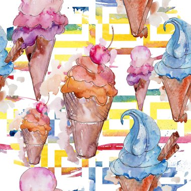 Dondurma tatlı yaz yiyecek. Sorunsuz arka plan deseni. Kumaş duvar kağıdı yazdırma doku. Lezzet şeker toplama: çikolata, çilek, krem, koni, soğuk süt snack. 