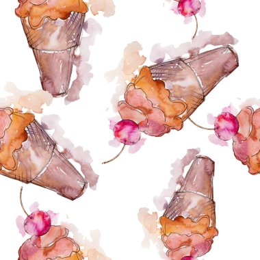 Dondurma tatlı yaz yiyecek. Sorunsuz arka plan deseni. Kumaş duvar kağıdı yazdırma doku. Lezzet şeker toplama: çikolata, çilek, krem, koni, soğuk süt snack. 