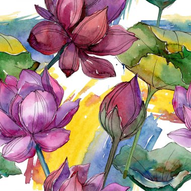 Pembe lotus çiçeği. Botanik çiçek. Sorunsuz arka plan deseni. Kumaş duvar kağıdı yazdırma doku. Arka plan, doku, sarıcı desen, çerçeve veya kenarlık için Aquarelle kır çiçeği.