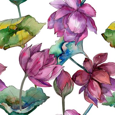 Pembe lotus çiçeği. Botanik çiçek. Sorunsuz arka plan deseni. Kumaş duvar kağıdı yazdırma doku. Arka plan, doku, sarıcı desen, çerçeve veya kenarlık için Aquarelle kır çiçeği.