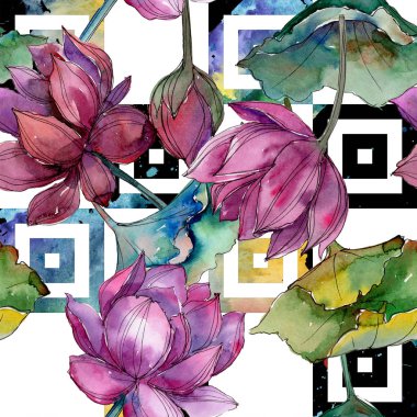 Pembe lotus çiçeği. Botanik çiçek. Sorunsuz arka plan deseni. Kumaş duvar kağıdı yazdırma doku. Arka plan, doku, sarıcı desen, çerçeve veya kenarlık için Aquarelle kır çiçeği.