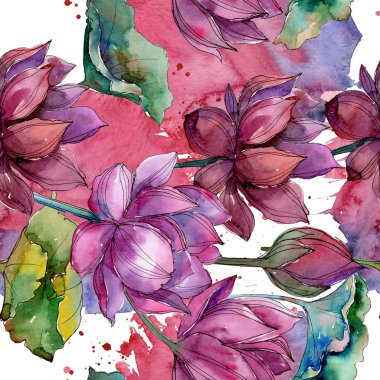 Pembe lotus çiçeği. Botanik çiçek. Sorunsuz arka plan deseni. Kumaş duvar kağıdı yazdırma doku. Arka plan, doku, sarıcı desen, çerçeve veya kenarlık için Aquarelle kır çiçeği.