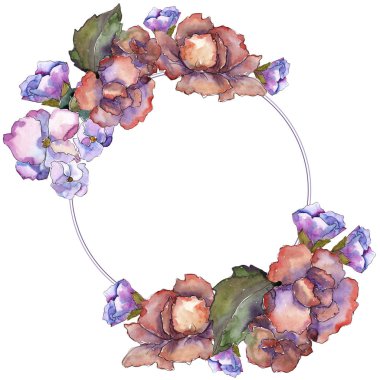 Pembe ve mor gardania. Botanik çiçek. Çerçeve kenarlığı süsleme Meydanı. Arka plan, doku, sarıcı desen, çerçeve veya kenarlık için Aquarelle kır çiçeği.