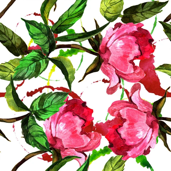 水彩ピンク牡丹の花 花植物の花 シームレスな背景パターン 壁紙印刷手触りの生地 テクスチャ ラッパー パターン フレームや境界線の Aquarelle ワイルドフラワー — ストック写真
