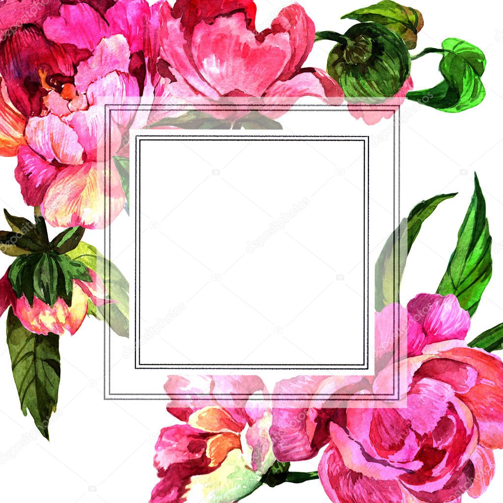 Watercolor pink peony flower. Floral botanical flower. Frame border ornament square. Aquarelle wildflower for background, texture, wrapper pattern, frame or border.