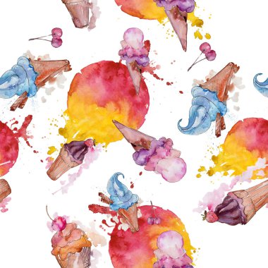 Dondurma tatlı yaz yiyecek. Sorunsuz arka plan deseni. Kumaş duvar kağıdı yazdırma doku. Lezzet şeker toplama: çikolata, çilek, krem, koni, soğuk süt snack. 