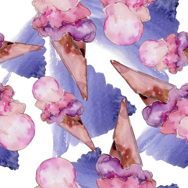 Dondurma tatlı yaz yiyecek. Sorunsuz arka plan deseni. Kumaş duvar kağıdı yazdırma doku. Lezzet şeker toplama: çikolata, çilek, krem, koni, soğuk süt snack. 