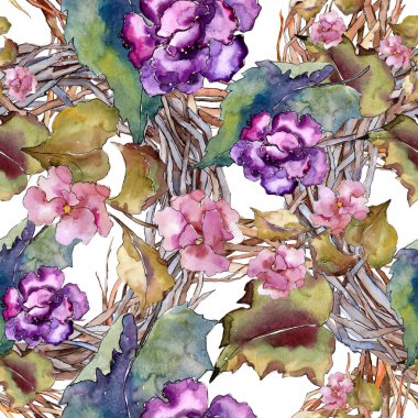 Pembe ve mor gardania. Botanik çiçek. Sorunsuz arka plan deseni. Kumaş duvar kağıdı yazdırma doku. Arka plan, doku, sarıcı desen, çerçeve veya kenarlık için Aquarelle kır çiçeği.