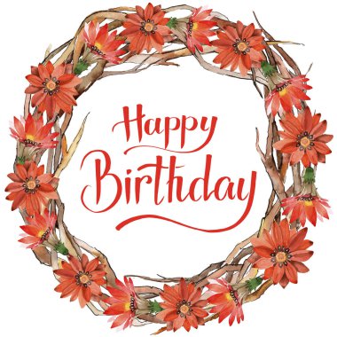 Sulu boya turuncu gazania çiçekler. Botanik çiçek. Çerçeve kenarlığı süsleme Meydanı. Arka plan, doku, sarıcı desen, çerçeve veya kenarlık için Aquarelle kır çiçeği.