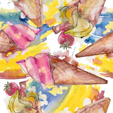 Dondurma tatlı yaz yiyecek. Sorunsuz arka plan deseni. Kumaş duvar kağıdı yazdırma doku. Lezzet şeker toplama: çikolata, çilek, krem, koni, soğuk süt snack. 