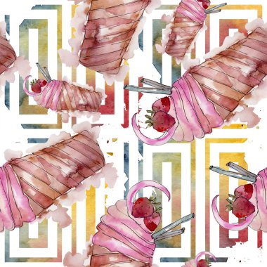 Dondurma tatlı yaz yiyecek. Sorunsuz arka plan deseni. Kumaş duvar kağıdı yazdırma doku. Lezzet şeker toplama: çikolata, çilek, krem, koni, soğuk süt snack. 