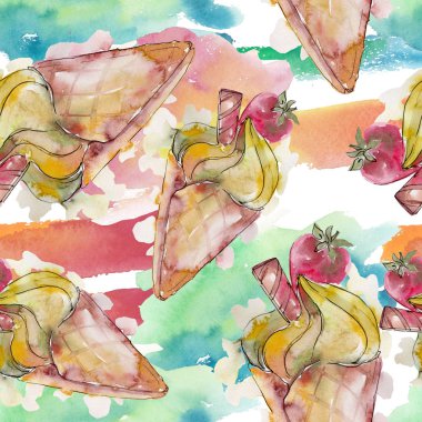 Dondurma tatlı yaz yiyecek. Sorunsuz arka plan deseni. Kumaş duvar kağıdı yazdırma doku. Lezzet şeker toplama: çikolata, çilek, krem, koni, soğuk süt snack. 