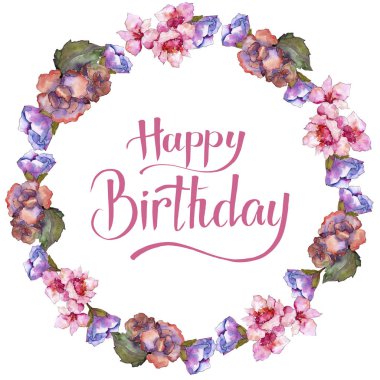 Pembe ve mor gardania. Botanik çiçek. Çerçeve kenarlığı süsleme Meydanı. Arka plan, doku, sarıcı desen, çerçeve veya kenarlık için Aquarelle kır çiçeği.