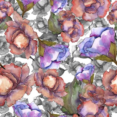 Pembe ve mor gardania. Botanik çiçek. Sorunsuz arka plan deseni. Kumaş duvar kağıdı yazdırma doku. Arka plan, doku, sarıcı desen, çerçeve veya kenarlık için Aquarelle kır çiçeği.