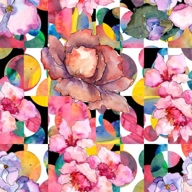 Pembe ve mor gardania. Botanik çiçek. Sorunsuz arka plan deseni. Kumaş duvar kağıdı yazdırma doku. Arka plan, doku, sarıcı desen, çerçeve veya kenarlık için Aquarelle kır çiçeği.