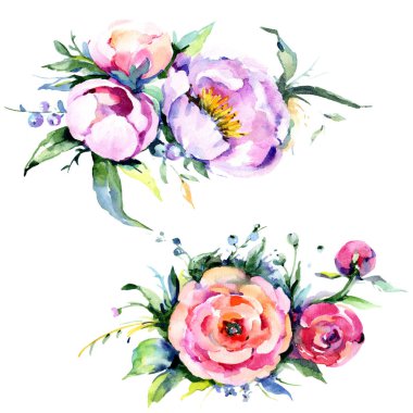 Suluboya buket pembe şakayık flowes. Botanik çiçek. İzole illüstrasyon öğesi. Arka plan, doku, sarıcı desen, çerçeve veya kenarlık için Aquarelle kır çiçeği.