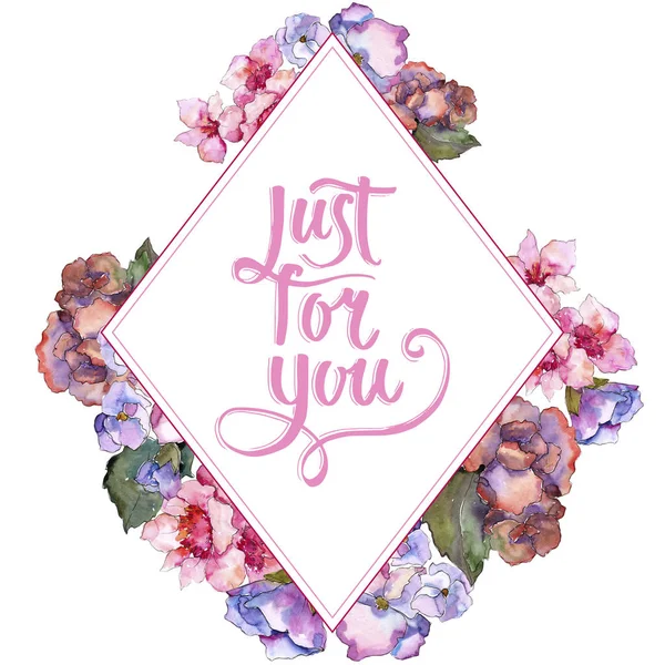 Pembe ve mor gardania. Botanik çiçek. Çerçeve kenarlığı süsleme Meydanı. Arka plan, doku, sarıcı desen, çerçeve veya kenarlık için Aquarelle kır çiçeği.