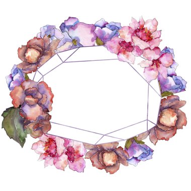 Pembe ve mor gardania. Botanik çiçek. Çerçeve kenarlığı süsleme Meydanı. Arka plan, doku, sarıcı desen, çerçeve veya kenarlık için Aquarelle kır çiçeği.