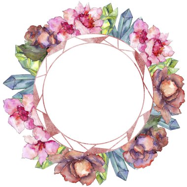 Pembe ve mor gardania. Botanik çiçek. Çerçeve kenarlığı süsleme Meydanı. Arka plan, doku, sarıcı desen, çerçeve veya kenarlık için Aquarelle kır çiçeği.